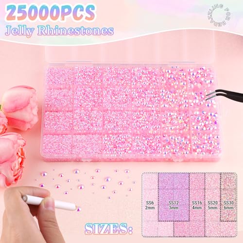 25000Pcs Resin Rhinestones with B7000 Jewelry Glue for Crafting, Light Pink AB 2-6mm Non Hotfix Flatback Gems, Bedazzling Crystal for DIY Crafts Clothing Tumblers Mugs Shoes Fabric Decor Nail Art