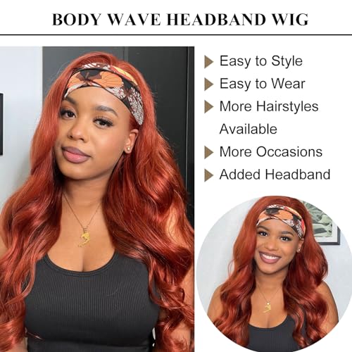 Colorful Queen Reddish Brown Headband Wig Auburn Body Wave Headband Wigs for Black Women Copper Red Colored Long Wavy Wig with Headband 26 Inch Glueless Half Wig
