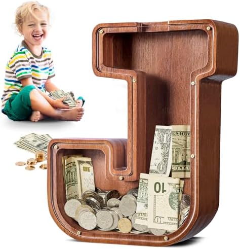 Summidate Large Wooden Piggy Bank for Kids Adults, Alphabets Letter A-Z Piggy Bank for Boys Girls, Coins Bills Change Bank Box Personalized Initial Name Kids Money Bank for Birthday Present and Decor