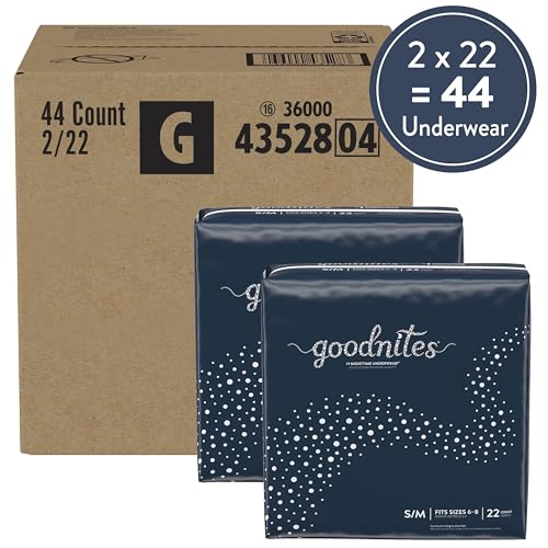 Goodnites Boys' Nighttime Bedwetting Underwear, Size S/M (43-68 lbs), 44 Ct (2 Packs of 22), Packaging May Vary