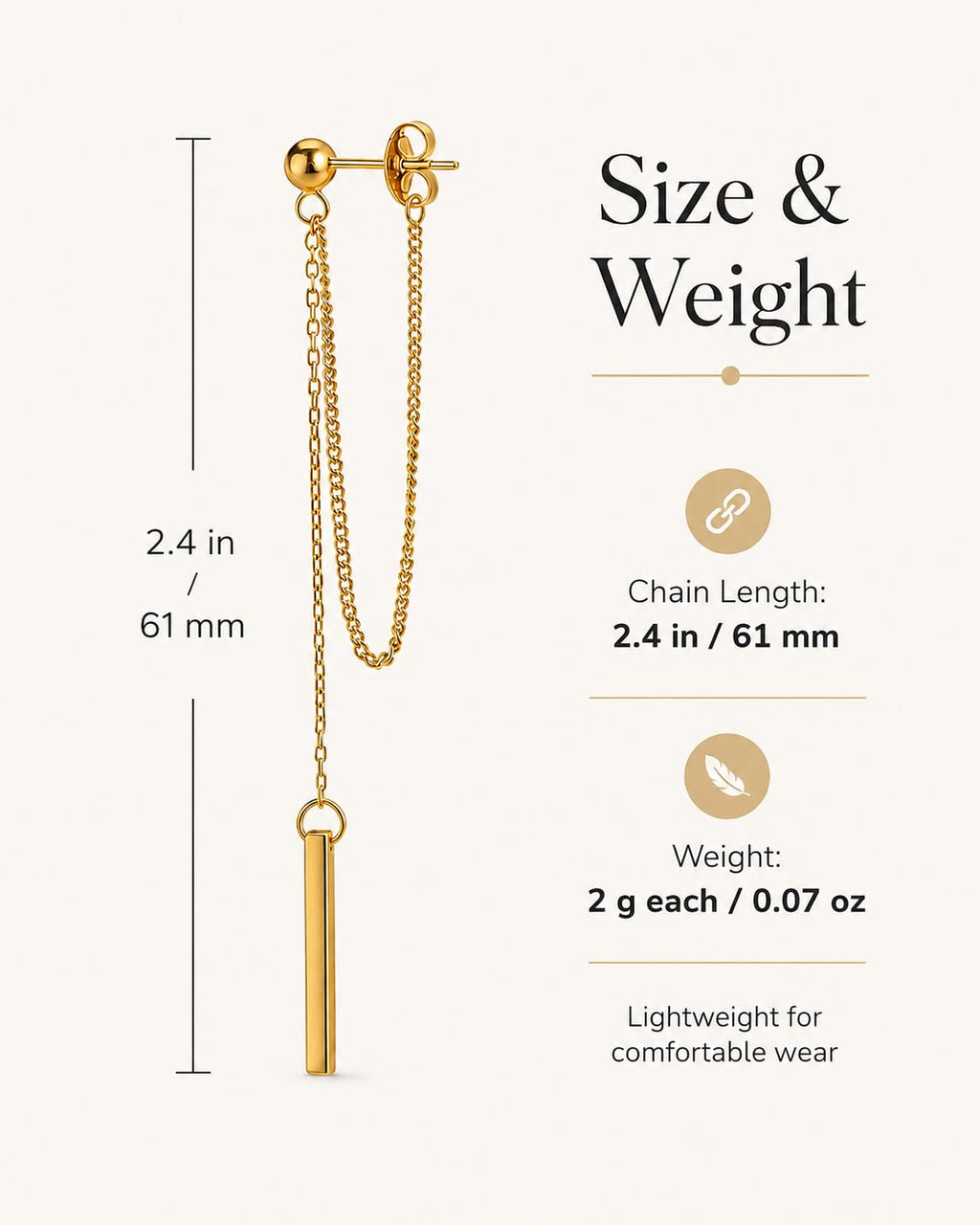 Dainty 18K Gold Plated Chain Earrings for Women - Long Threader Earring with Hypoallergenic Bar Drop Dangle Design, Elegant Line Dangly Jewelry Gift