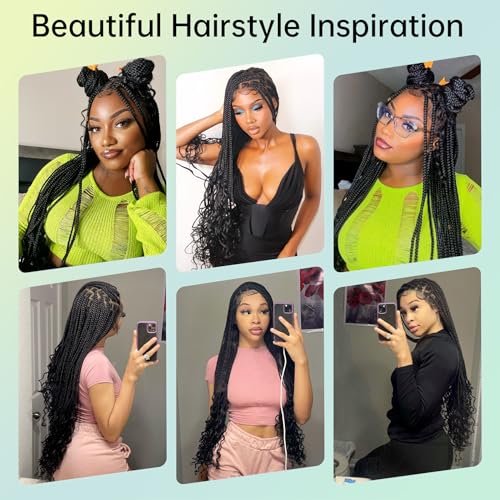36 Inch 13X8 HD Lace Front Box Braided Wigs With Boho Curly Ends Knotless Braided Wig For Women Human Hair Blended Braids Lace Front Wig With Baby Hair Natural Black