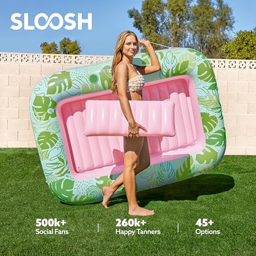 SLOOSH Inflatable Tanning Pool Lounger Float, 70" x 46" Pool Floats Adult with Pillow, 4 in 1 Suntan Tub Raft Floatie,Sunbathing Bed Lounge for Water Blow Up Kids Ball Pit Party Gifts, L-Cyan Pink