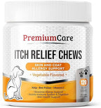 PREMIUM CARE Itch Relief for Dogs - 120 Allergy Chews for Dogs - Anti Itch Seasonal Support for Pets Itchy Skin Relief Skin Health Support with Colostrum, Vitamin C, Omega and Bee Pollen