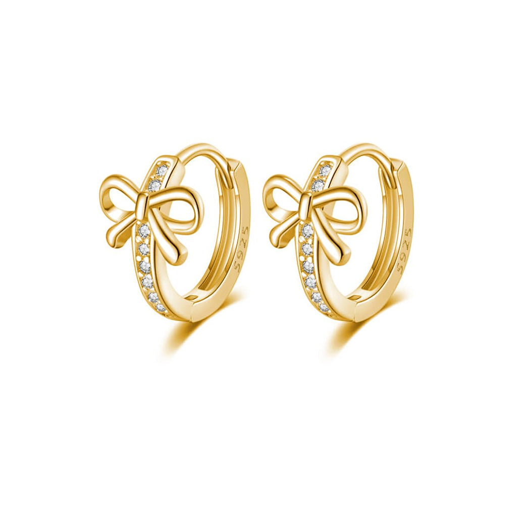 Reffeer Solid 925 Sterling Silver CZ Bow Hoop Earrings Ribbon for Women Teen Girls Bowknot Hoop Earrings Huggie (B-18K Gold)