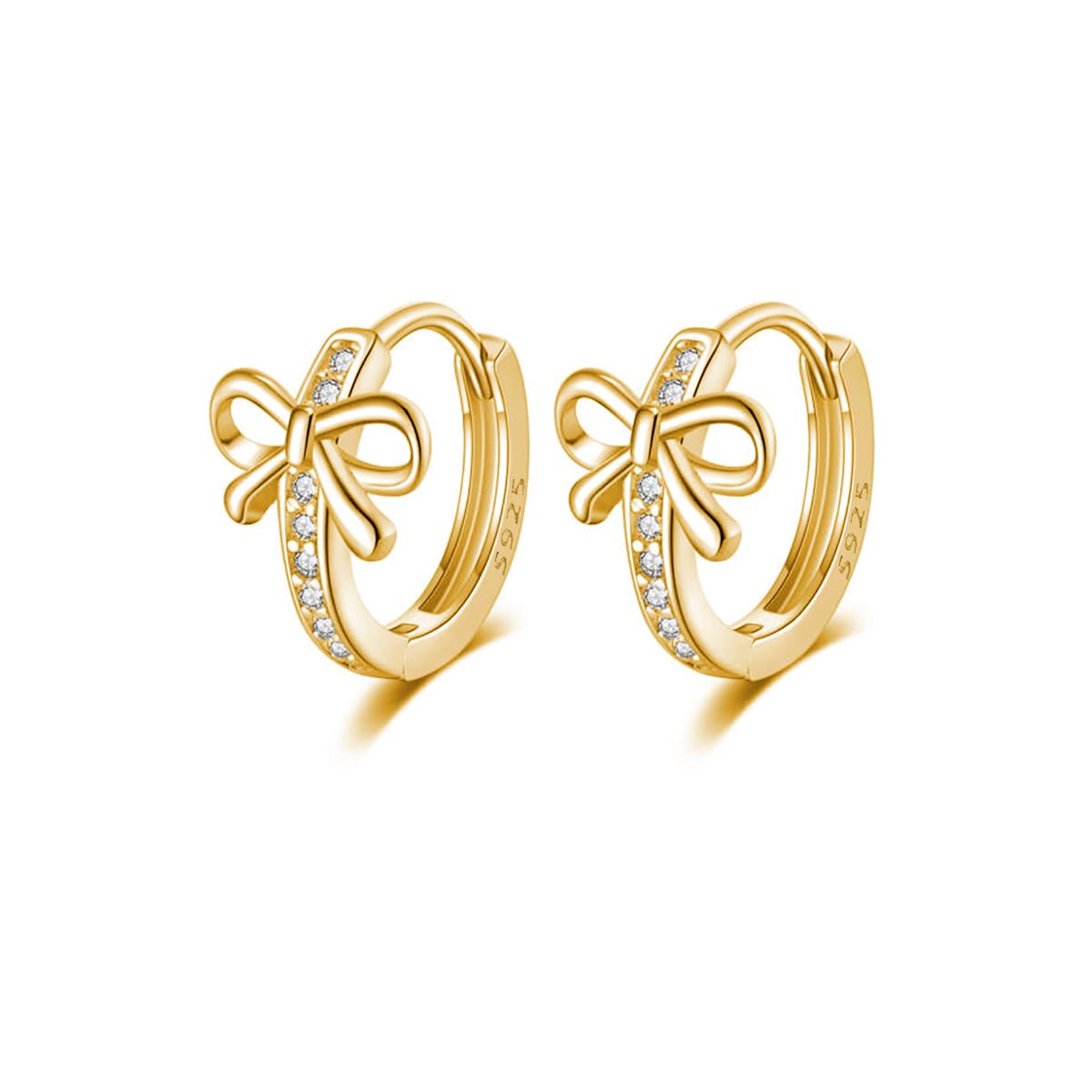 Reffeer Solid 925 Sterling Silver CZ Bow Hoop Earrings Ribbon for Women Teen Girls Bowknot Hoop Earrings Huggie (B-18K Gold)