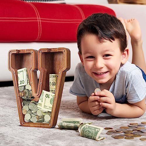 Summidate Customized Name Extra Large Wooden Piggy Bank for Kids Boys Girls Alphabets Letter A-Z Coins Bills Money Change Saving Box Clear Cover (Laser Engraved) Educational Toys 12"- Letter V