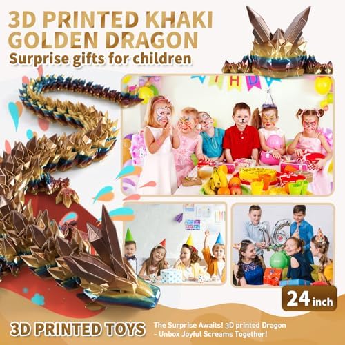 Large 3D Printed Dragon,24 Inch 3D Dragon Toys,Bigger Fidget Crystal Animals Toys, 3D Printed Articulated Animals for Home Office Car Desk Decor (Khaki Gold, 24 inch)