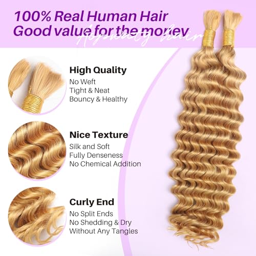Human Braiding Hair for Boho Braids, Deep Wave Bulk Boho Braids Human Hair for Knotless Curly Bohemian Water Wave Braiding 70g 16 Inch Caramel Blonde (2 No Weft Bundles/Pack)