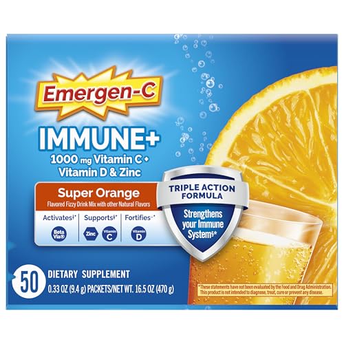 Emergen-C Immune+ Triple Action Immune Support Powder, BetaVia (R), 1000mg Vitamin C, B Vitamins, Vitamin D and Antioxidants, Super Orange, Back to School Essentials – 50 Count