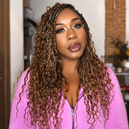 Toyotress Boho Box Braids With Human Hair Curls - 20 Inch 2 Packs (24 Strands) Handmade Pre-Looped Crochet Human Hair Boho Box Braids, Ombre Brown CrochetBraids Braiding Hair (20 Inch, T30-2P)