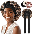 Satin Bonnet for Women Tie Band Hair Bonnet for Sleeping Large 2 Layered Silk Sleeping Cap Nightcap for Sleeping with 3PCS Hair Scrunchies (Leopard Print(Bonus3 Hair scrunchies))