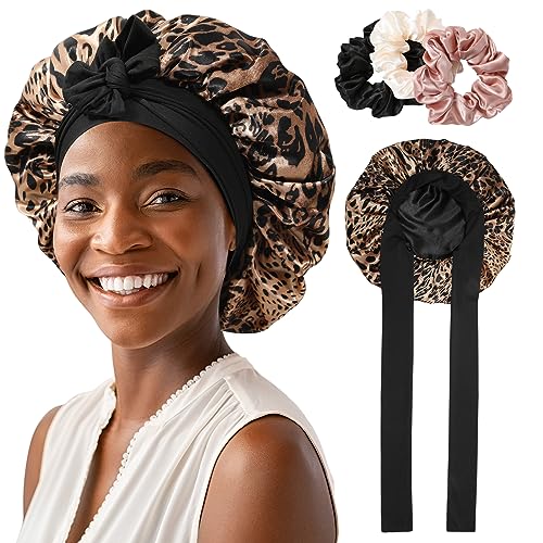 Satin Bonnet for Women Tie Band Hair Bonnet for Sleeping Large 2 Layered Silk Sleeping Cap Nightcap for Sleeping with 3PCS Hair Scrunchies (Leopard Print(Bonus3 Hair scrunchies))