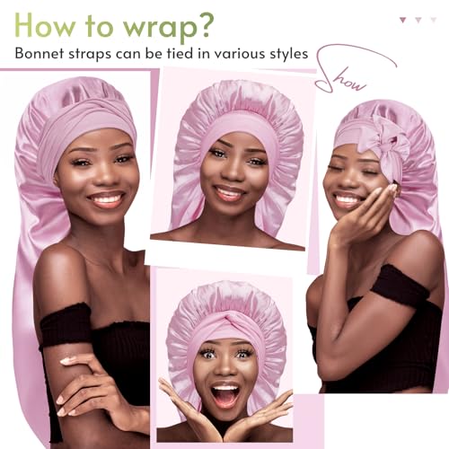 BONNET QUEEN Braid Bonnet Silk Bonnet Foldable Extra Long Bonnet for Braids Satin Bonnet for Sleeping Hair Bonnet with Tie Band Long Sleep Cap Light Rose Gold