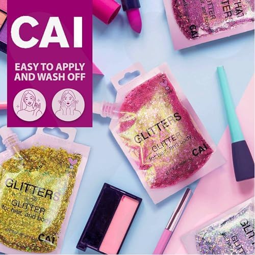 Body Glitter Gel- Face, Body & Hair (2 PK Silver/Violet) Chunky Iridescent Holograph Stars & Moon, 6 oz | Cosmetic-Grade Makeup, Apply Without Glue, Easy to Take Off & Keep Skin Clean - for Raves