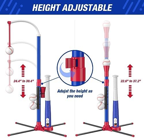 3-in-1 Baseball Set for Kids 3-5 - Tee Ball Stand, Hanging Tee, Ball Launcher and 6 Softballs - Adjustable Height, Indoor/Outdoor Sport Gifts for Boys Girls, Blue