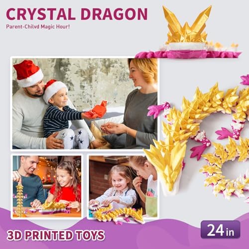 Large 3D Printed Dragon,24 Inch 3D Dragon Toys,Bigger Fidget Crystal Animals Toys, 3D Printed Articulated Animals for Home Office Car Desk Decor (Gold White Purple, 24 inch)