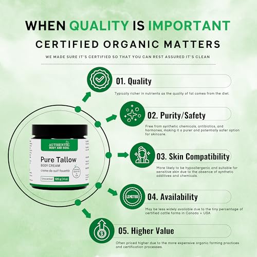 Certified Grassfed Beef Tallow Skin Cream - Whipped Tallow Balm Moisturizer for Sensitive Skin and Baby. (Pure Unscented 4 oz), by Authentic Body And Soul