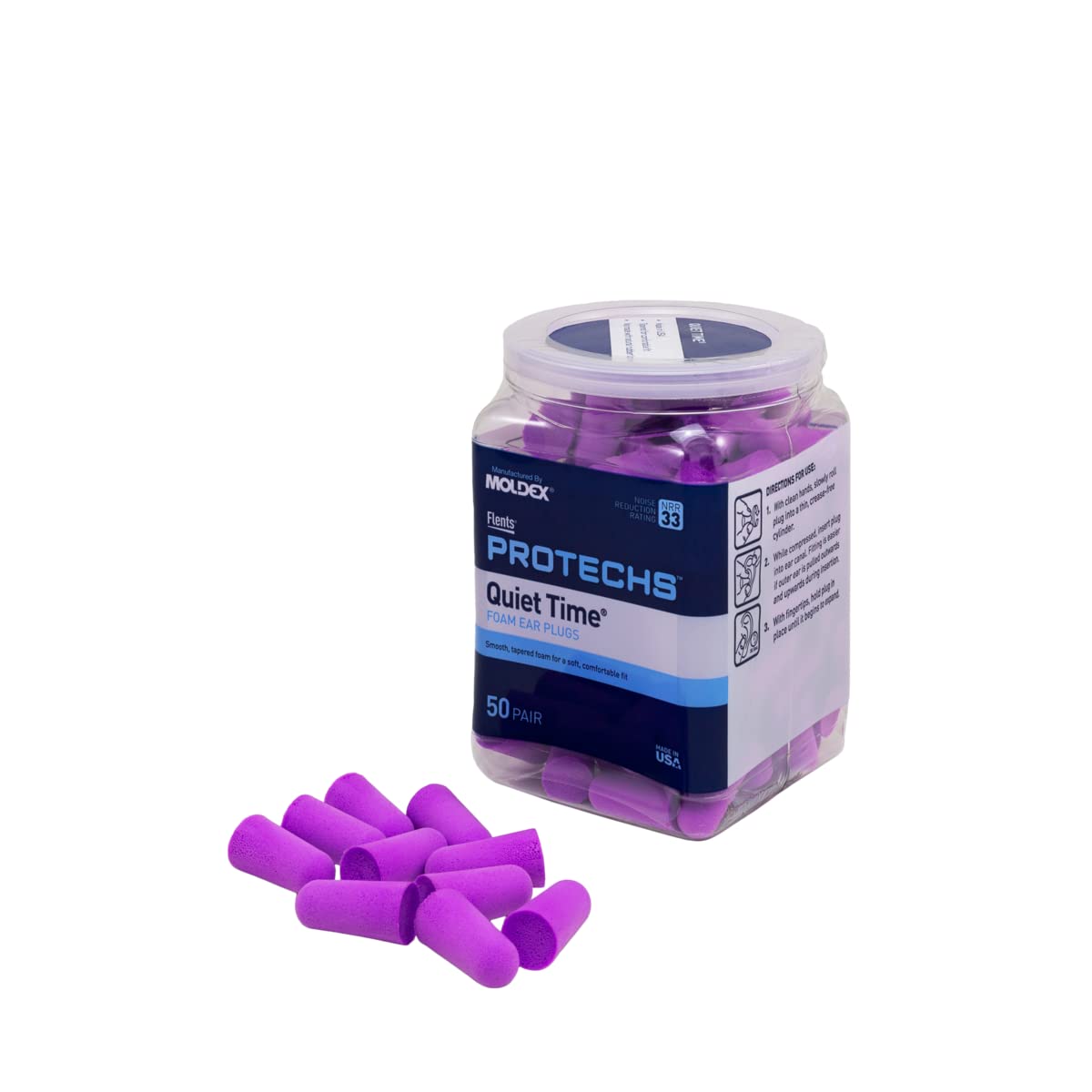 Flents Protechs Foam Ear Plugs, 50 Pair for Sleeping, Snoring, Loud Noise, Traveling, Concerts, Construction, Studying, Work, Shooting, NRR 33, Noise Cancelling, Disposable, Purple, Made in the USA