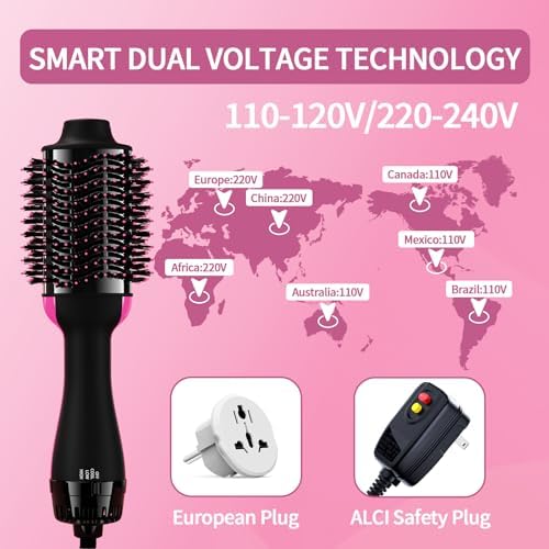Dual Voltage Hair Dryer Brush with European Plug, Blow Dryer Brush for European Travel, 110V-120V/220V-240V Hot Air Brush and Styler Volumizer with Negative Ion Anti-frizz