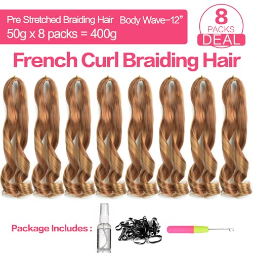 12 inch French Curly Braiding Hair 8 packs 50g/pack Loose Wavy Braiding Hair With Curly Ends French Curls Synthetic Hair Extensions for Boho Box Braids(12 inch,8 packs,P27/30#)