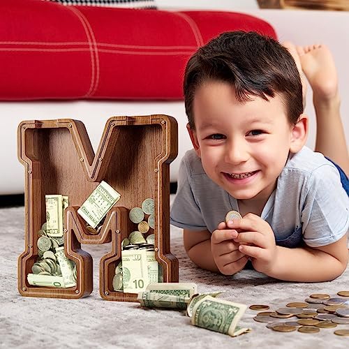 Summidate Customized Name Large Wooden Piggy Bank for Kids Boys Girls Alphabets Letter A-Z Coins Bills Money Change Bank Box Initial on Clear Cover (Laser Engraved) (Alphabet-M, Personalized-12)