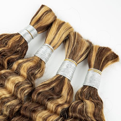 Human Braiding Hair For Boho Knotless Braids 100g Deep Wave Bulk Human Hair for Braiding No Weft Wet And Wavy Human Braiding Hair 100% Remy Human Hair Extensions (Deep Wave-4/27, 28 Inch)
