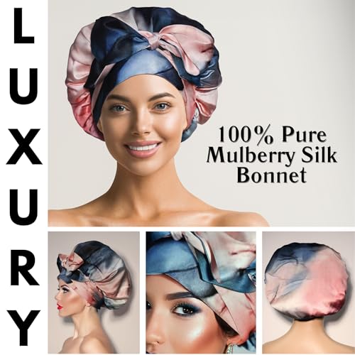 100% Mulberry Silk Bonnet for Sleeping with Ties – Adjustable 19 Momme Double-Layer Reversible Hair Wrap – Stay-On Sleep Bonnet for Women, Long Curly Hair, Natural Hair Care, Real Silk Night Cap – Handmade in USA (Blue and Blush)