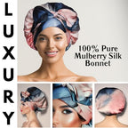 100% Mulberry Silk Bonnet for Sleeping with Ties – Adjustable 19 Momme Double-Layer Reversible Hair Wrap – Stay-On Sleep Bonnet for Women, Long Curly Hair, Natural Hair Care, Real Silk Night Cap – Handmade in USA (Blue and Blush)