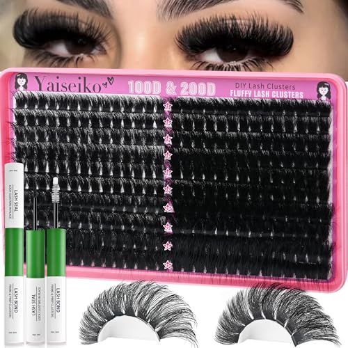 Fluffy Lash Clusters Kit 100D+200D Thick Volume Eyelash Clusters Kit 12-25mm Wispy Individual Lashes D Curl Long Cluster with Lash Bond and Seal Waterproof DIY Lash Extension Kit at Home (KIT-280PCS)