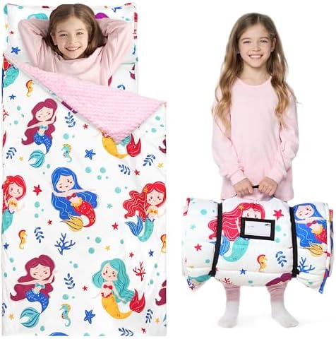 JOIEDOMI Toddler Nap Mat for Preschool 55''x30'' Sleeping Mat with Removable Pillow and Minky Blanket for Kids Ages 3-7 Roll Up Soft Kids Sleeping Bag for Boys Girls Kindergarten Daycare Sleepover