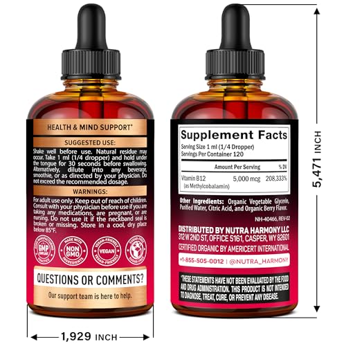 USDA Organic Vitamin B12 Sublingual Drops - 5000 mcg Liquid Vegan Methylcobalamin for Women & Men - Energy Boost, Focus & Mood, Brain Health Support - Maximize Absorption - 4 Month Supply, 4 fl oz
