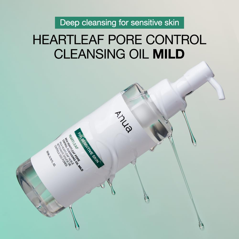 ANUA Heartleaf Pore Cleansing Oil MILD, Sensitive Skin Face Wash, Oil Cleanser for Face, Makeup Blackhead Remover, Korean Skin Care, Non-Comedogenic, Fragrance Free, 6.76 fl oz (Pack of 2)