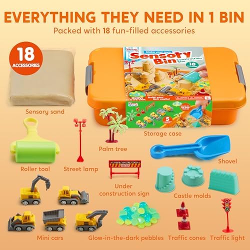 Klever Kits Construction Sensory Bin for Toddlers with Glow in The Dark Stones, Sandbox with Lid Castle Building kit, Preschool Learning Activities Gifts for Boys Girls Age 3+