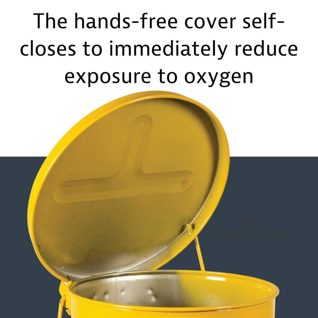 Justrite 21 Gallon Galvanized Steel Oily Waste Can, 23.5" x 18" Metal Oil Rag Safety Can with Foot Operated Self-Closing Lid for Oil Rag Disposal, Made in The USA, Yellow, 09701
