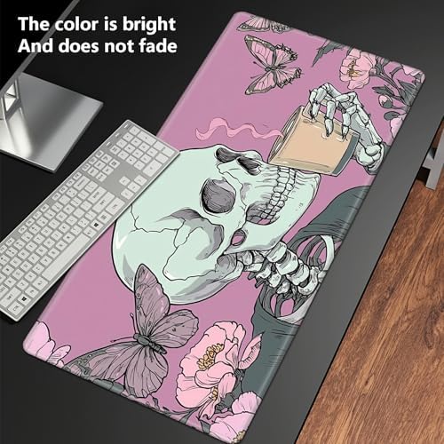 Playmats for Magic: The Gathering MTG Card Game Mat Plus 50 Pcs Card Sleeves, 24 x 14 inch TCG Mat with Stitched Edge for Commander Deck Duskmourn Board Game, Goth Skull Pink