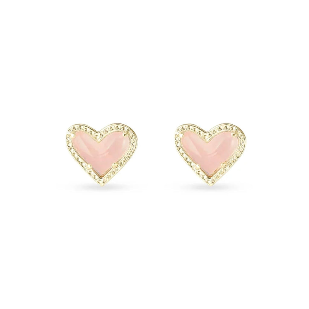 Kendra Scott Ari Heart Stud Earrring, 14k Gold Plated Brass, Rose Quartz, Fashion Jewelry for Women