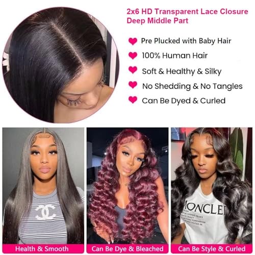2x6 HD Lace Closure with Bundles 10 12 14+10 Inch Straight Bundles with Closure Human Hair 100% Unprocessed Brazilian Virgin Weave Bundles Human Hair 3 Bundles Deals with Closure