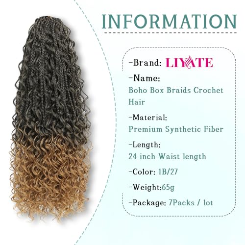 LIYATE 7 Packs Crochet Box Braids 24 Inch Boho Crochet Hair for Black Women Bohomian Crochet Braids Synthetic Pre Looped Goddess Box Braids Crochet Braiding Hair with Curly Ends, 1B/27