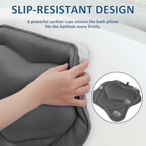 LuxStep Bath Pillow-Bathtub Pillow with Air Mesh Fabric & 6 Non-Slip Suction Cups, Bath Pillows for Tub Head, Neck and Back Support, Bath Accessories Spa Gifts, Grey