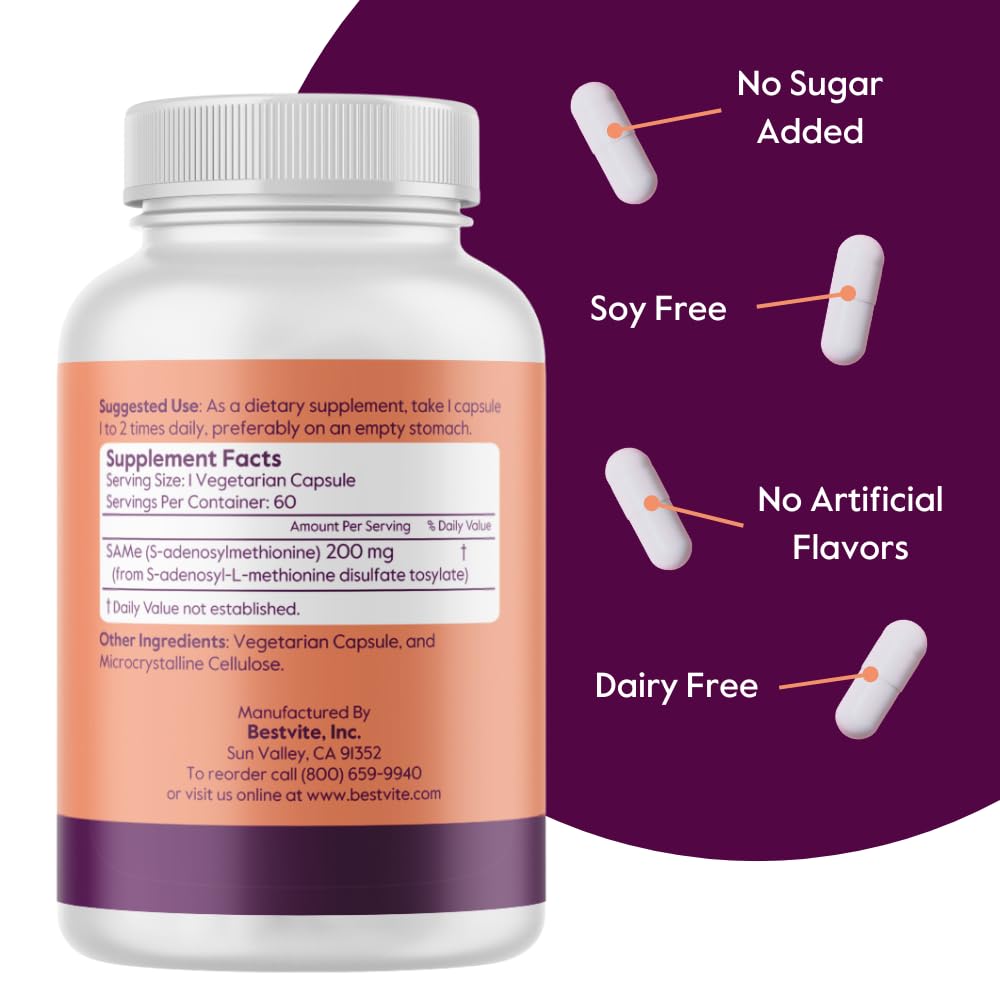 BESTVITE SAM-e 200mg Stabilized (60 Vegetarian Capsules) - Easy to Swallow Capsule Form - No Enteric Coat Needed - No Titanium Dioxide - No Stearates - Vegan - Non GMO - Gluten Free