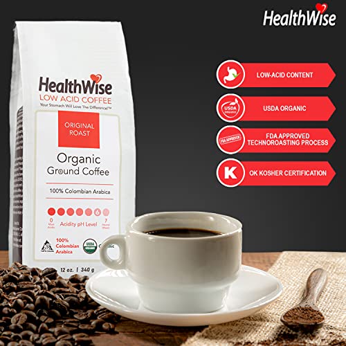 HealthWise Low Acid Organic Ground Coffee | Colombian Arabica Original Roast | Healthier Coffee for Sensitive Stomachs - Acid Reflux, Heartburn, Gastro Issues | 12 oz. - 340 g