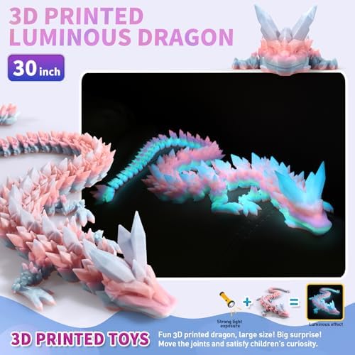 Large 3D Printed Dragon,30 Inch 3D Dragon Toys,Bigger Fidget Crystal Animals Toys, 3D Printed Articulated Animals for Home Office Car Desk Decor (Colorful Luminous, 30 inch)