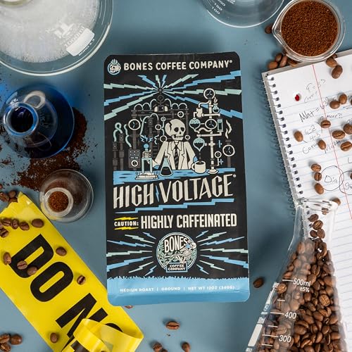 Bones Coffee Company High Voltage Flavored Coffee Beans, Medium Roast Ground Coffee Low Acid, Highly Caffeinated Coffee (12 oz)