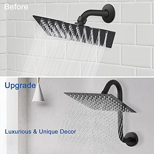 NearMoon S Shaped Shower Head Riser Pipe, Shower Extender Arm with Flange, Standard 1/2" Connection- Bathroom Accessory, 12 Inch (1 Pack, Matte Black)