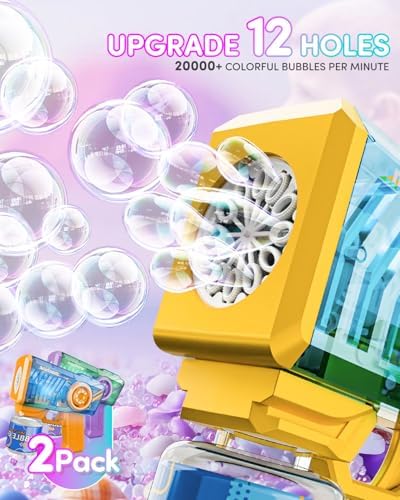 Bubble Gun 2 Packs for Kids, Automatic Bubble Machine with 2 Bottles &25 Bags Refill Solution, Bubble Maker Gifts for Kids, Outdoor Game Toys for Boys&Girls Ages 3+