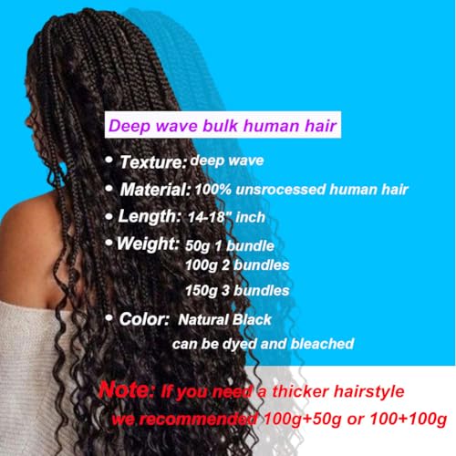 Human Braiding Hair 14 Inch 3 Bundle 150 g Deep Wave Bulk Human Hair for Braiding No Weft Curly Human Braiding Hair