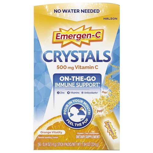 Emergen-C Crystals, On-the-Go Emergen-C Immune Support Supplement with Vitamin C, B Vitamins, Zinc and Manganese, Orange Vitality - 56 Stick Packs