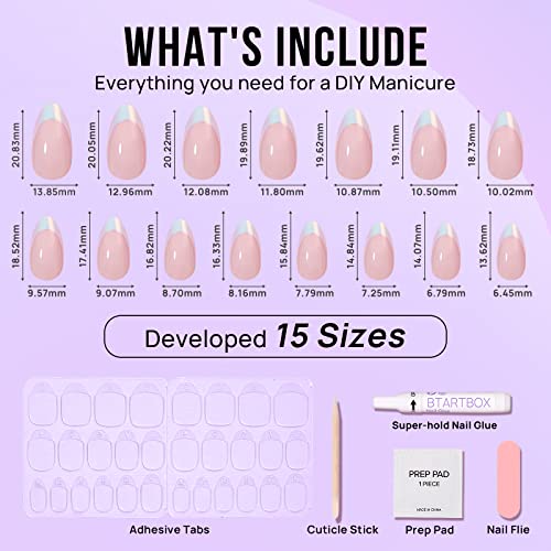 BTArtbox French Tip Press On Nails - White Press On Nails Almond, Short Fake Nails with Nail Glue, Fit Perfectly & Natural Reusable Stick on Nails in 16 Sizes, Mermaid