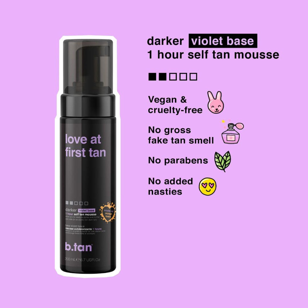 b.tan Violet Self Tanner Mousse Bundle | Love At First Tan - Best, 1 Hour Express Sunless Tanning Foam, Cancels Orange Tones, Dark Bronzing Glow, No Fake Tan Smell, Face & Body, 6.7 Fl Oz, Pack of 2